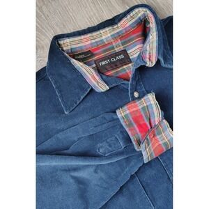 First Class Large Mens Corduroy Blue Button Up Long Sleeve Shirt Colorful Cuffs‎